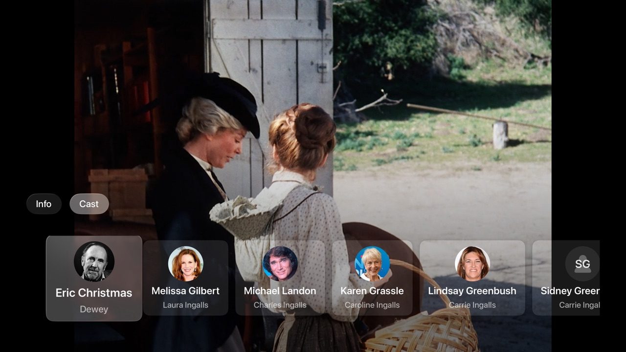 The player's Cast tab over a paused scene, showing the cast's headshots and character names.