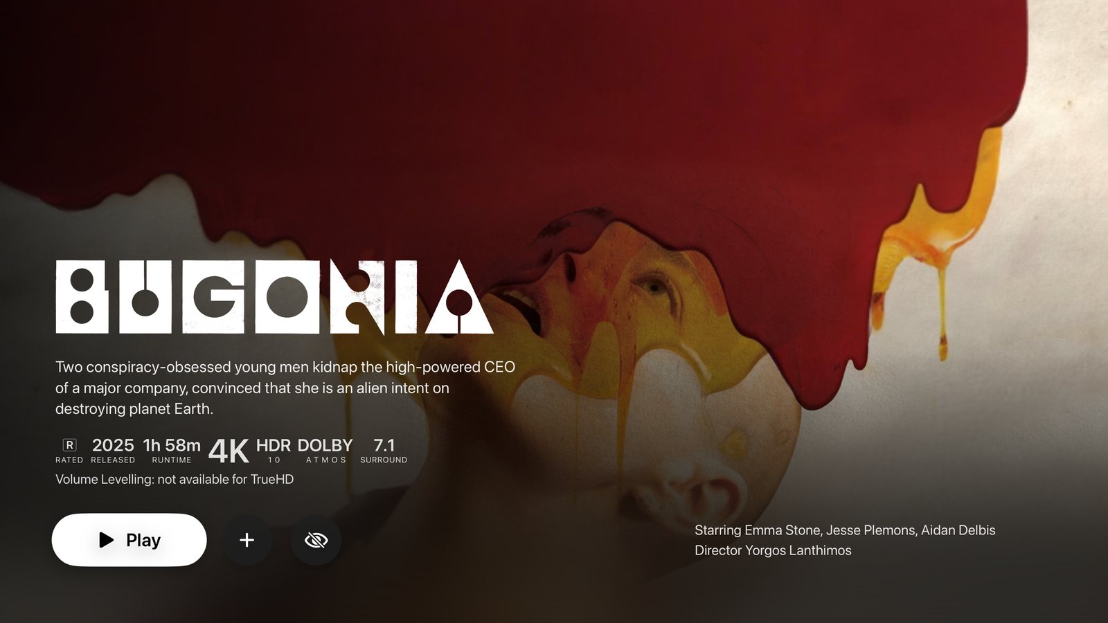The Bugonia movie page: the title logo over the poster art, with 4K, HDR10, Dolby Atmos and 7.1 badges and a Play button.