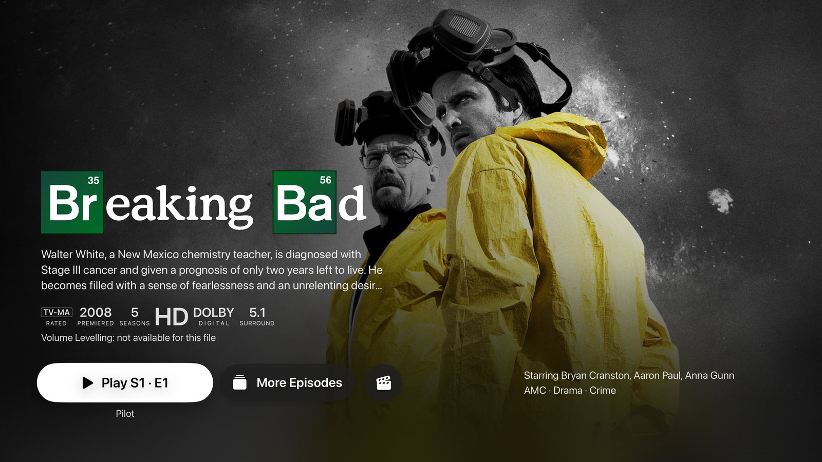 The Breaking Bad show page: the title logo over Walter White and Jesse in hazmat suits, ratings, format badges, and a Play S1 · E1 button.